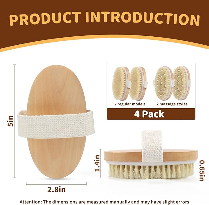 4 Pack Dry Body Brushing Brushes, Natural Bristle Exfoliating Scrub Brushes with Massage Nodes for Lymphatic Drainage, Skin Firming, Acne Treatment, and Cellulite Reduction