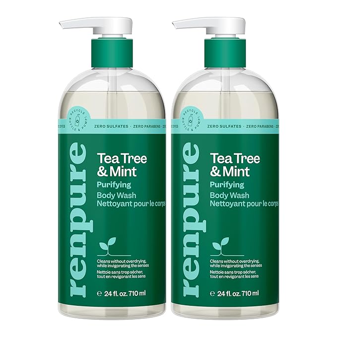Renpure Tea Tree & Mint Body Wash - Cleanses, Invigorates & Refreshes Skin Without Over-Drying - For All Skin Types - Tea Tree Leaf Oil, Spearmint Leaf Oil - 24 Fl Oz each, 2 Pack