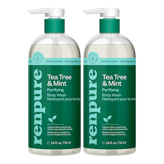Renpure Tea Tree & Mint Body Wash - Cleanses, Invigorates & Refreshes Skin Without Over-Drying - For All Skin Types - Tea Tree Leaf Oil, Spearmint Leaf Oil - 24 Fl Oz each, 2 Pack