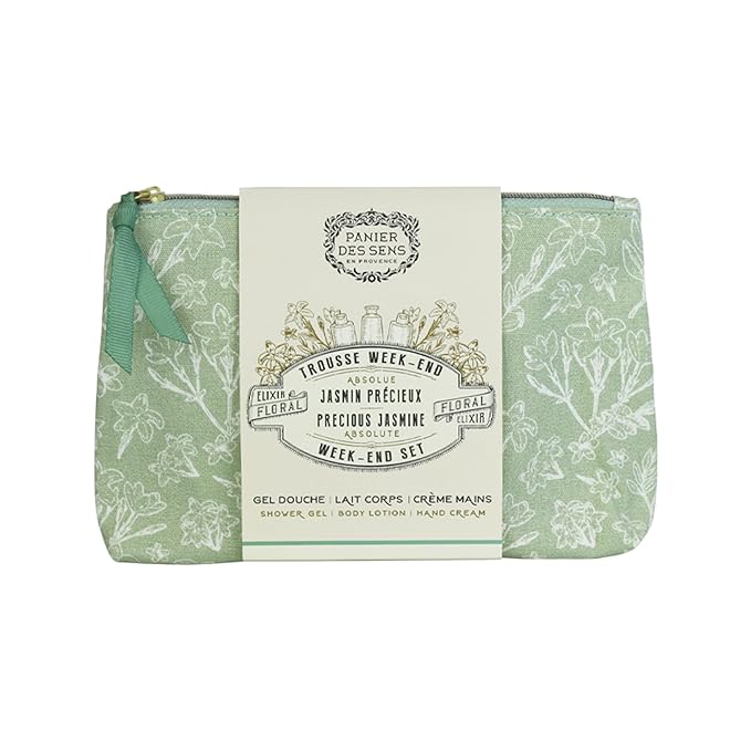 Panier des Sens - Travel Pouch Jasmine Gift Set - Shower Gel 3.3 fl oz + Body Lotion 3.3 fl oz + Hand Cream 1 fl oz - 97% Natural Ingredients - Made in France, Vegan Friendly Body Care