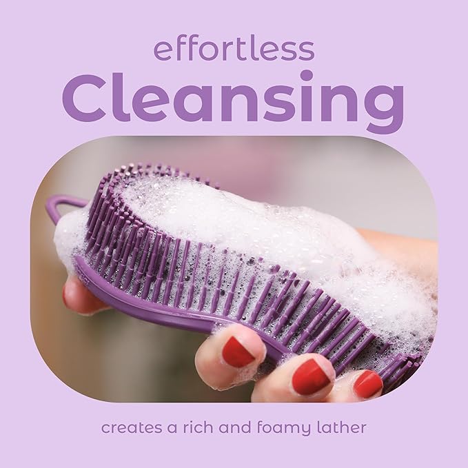 MainBasics Silicone Body Scrubber – Dual-Sided Shower Scrubber with Massage Nodes, Silicone Loofah Alternative for Deep Clean (Purple, Massage)