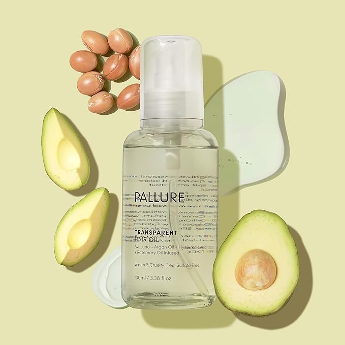 Pallure Transparent Hair Oil Treatment, To Support Thicker, Voluminous, Fuller Looking Hair, Infused with Hyaluronic Acid, Biotin, Avocado and Rosemary Oil (3.4 Fl Oz)