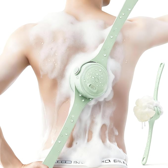 Electric Body Brush Back Scrubber for Shower, Waterproof Long Double-Handled Four-Head Electric Body Scrubber, Rechargeable Bath Brush, for Cleaning, Exfoliation and Skin Massage (Mint Green)