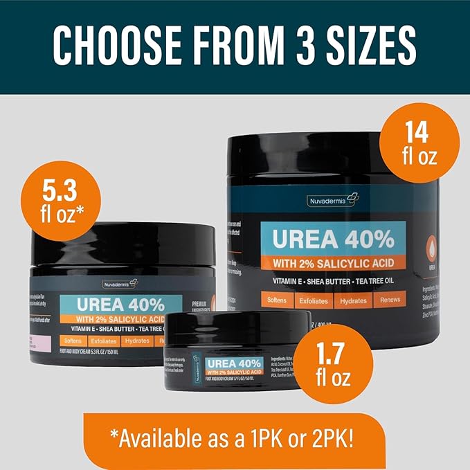 NUVADERMIS Urea Cream 40 Percent for Feet Maximum Strength - 40% Urea Foot Cream for Dry Cracked Heels and Feet - 2% Salicylic Acid, Shea Butter, Tea Tree Oil, Vitamin E - 5.3 fl oz