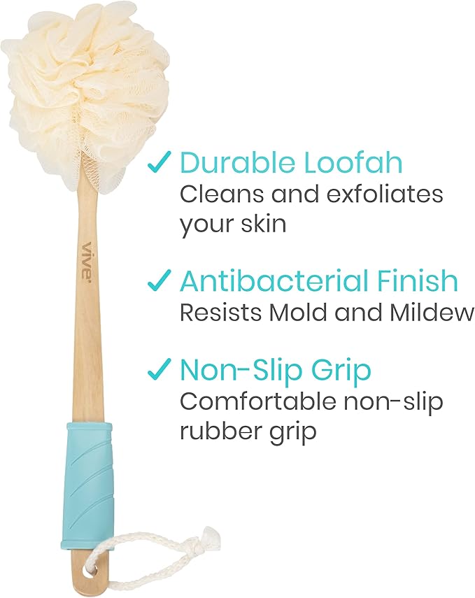 Vive 17” Shower Loofah with Long Handle - Exfoliating Back & Body Scrubber for Men & Women - Luffa Sponge on a Stick for Bathing, Cleaning - Includes Extra Handheld Lufa, Hook & String to Hang on Wall