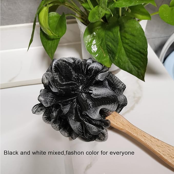 Shower Sponge Loofah Back Scrubber, Soft Mesh Body Scrubber with Wooden Handle, Bath Sponge for Women Kids (Black)