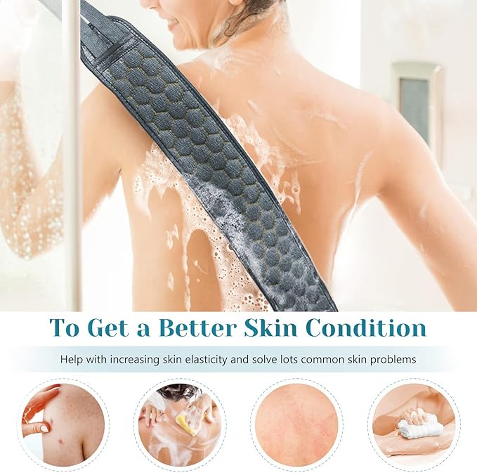Inmorven Back Scrubber for Shower Exfoliating Body Scrubber 40 inch Double-Sided Back Exfoliator Scrub Towel, Bath Body Brush Widened Back Washer with Handle for Men and Women (Grey)
