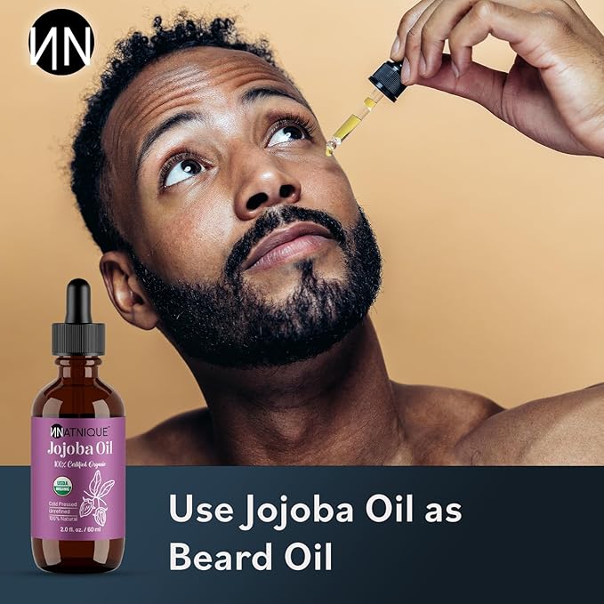 Natnique Organic Jojoba Oil 2oz – Nail Brush Included – USDA Certified, Cold Pressed, Unrefined & Hexane-Free – Pure Moisturizer for Hair, Face, Skin, Beard, Scalp, Nails & Cuticles – Natural Care