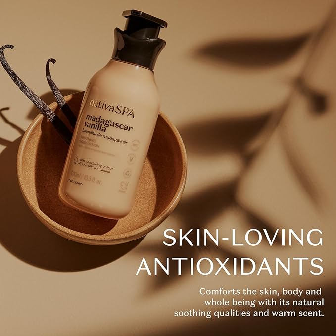Nativa SPA by O Boticário, Madagascar Vanilla Moisturizing Body Lotion, Fragranced Skin Moisturizer with Purified Quinoa Drops, 13.5 Ounce