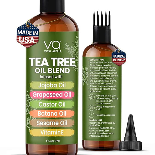 VITAL AFFAIR Tea Tree Oil For Hair With Jojoba, Castor, Batana Oil - Tea Tree Hair And Scalp Treatment - Hair Oil For Dandruff - Helps Strengthen, Volumize & Promotes Hair Growth - 6 Fl Oz