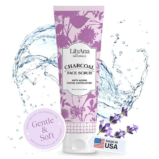 LilyAna Naturals Charcoal Face Scrub - Facial Exfoliator - Microdermabrasion Scrub - Facial Skin Care Products for Women and Men - Lavender and Tea Tree Oil - 3oz