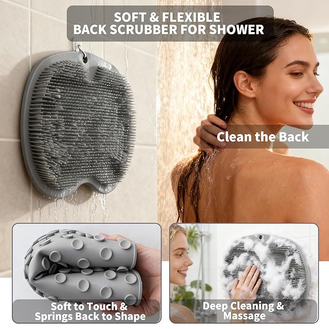 Shower Foot Scrubber Mat with 3 Types of Upgraded Brushes for Massage, Shower Back Scrubber with Micro Suction Cups,Back Washer,Shower Scrubber for Body at Home Spa (Gray)