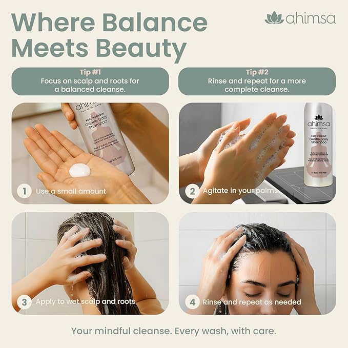 Ahimsa Gentle Daily Shampoo, Organic and Gentle Hydrating Shampoo for Dry, Curly & Color Treated Hair, Moisturizing Shampoos for Daily Use with Indian Gooseberry & Jasmine Essential Oil, Made in USA