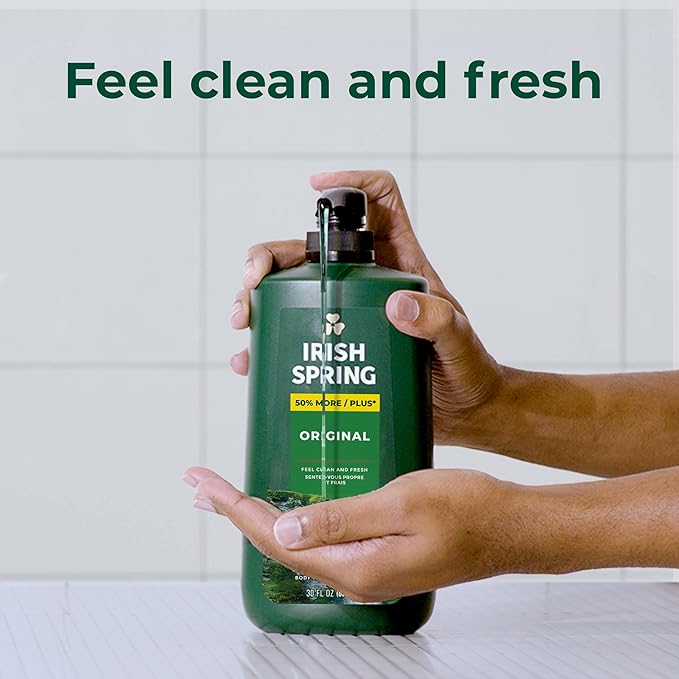 Irish Spring Men's Body Wash Pump, Original Clean Body Wash for Men, Smell Fresh and Clean for 24 Hours, Cleans Body, Hands, and Face, Made with Biodegradable Cleansing Ingredients, 30 Oz Pump