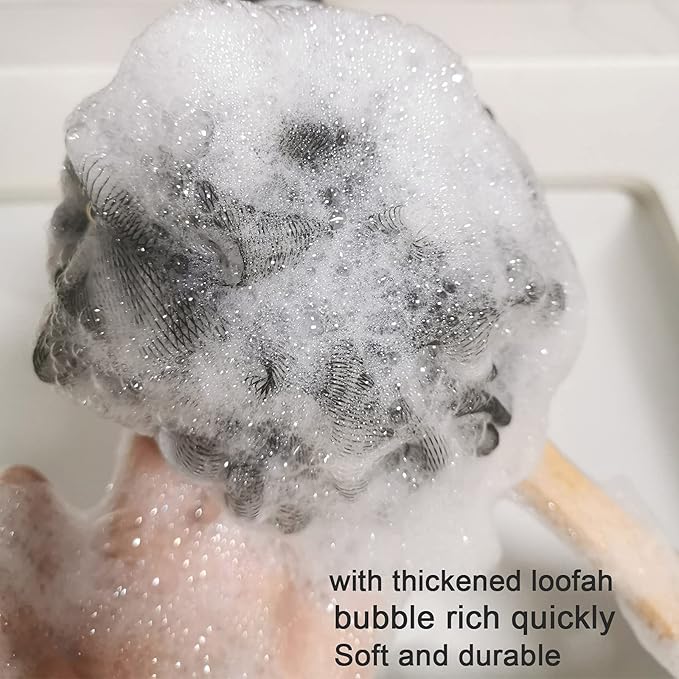 Shower Sponge Loofah Back Scrubber, Soft Mesh Body Scrubber with Wooden Handle, Bath Sponge for Women Kids (Black)