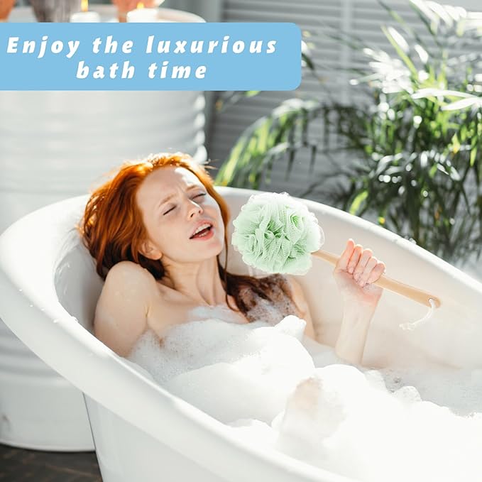 Tessco for you 12 Pcs Large Loofah on a Stick Shower Loofah with Long Handle Back Scrubber for Shower PE Body Bath Sponge Soft Spa Mesh Brush Wash Exfoliating Luffas for Men Women (Light Color)