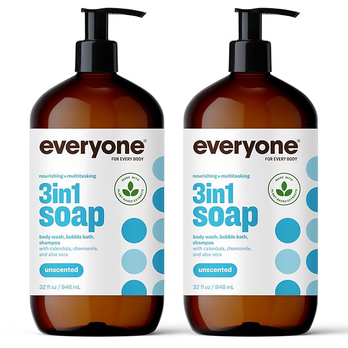 Everyone 3-in-1 Soap, Body Wash, Bubble Bath, Shampoo, 32 Ounce (Pack of 2), Unscented, made for Men and Women