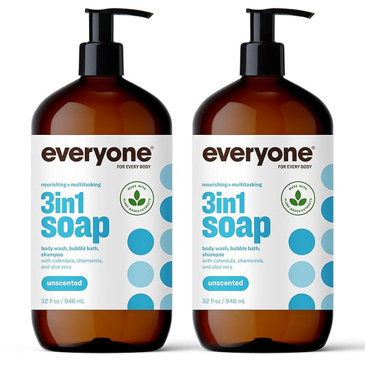 Everyone 3-in-1 Soap, Body Wash, Bubble Bath, Shampoo, 32 Ounce (Pack of 2), Unscented, made for Men and Women