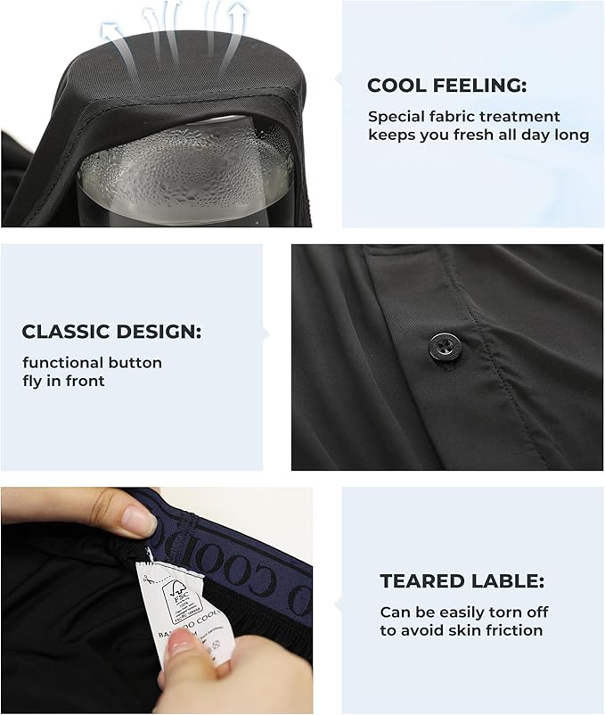 BAMBOO COOL Soft Men's Boxer Shorts 3 Pack,Silk Feeling Underwear for men with Button Fly,Breathable Loose Fit Boxers