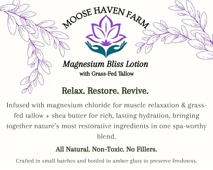 Magnesium Bliss Lotion – Magnesium Muscle Relief Lotion with Grass-Fed Tallow, Castor Oil & Shea Butter – Natural Hydrating Magnesium Cream for Sleep, Relaxation & Daily Skincare