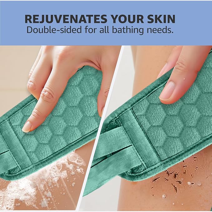 Back Scrubber for Shower with Handles, 40 Inch Extra Long Double-Sided Exfoliating Bath Strap, Textured Body Washer with Extended Reach for Deep Cleaning (Green)