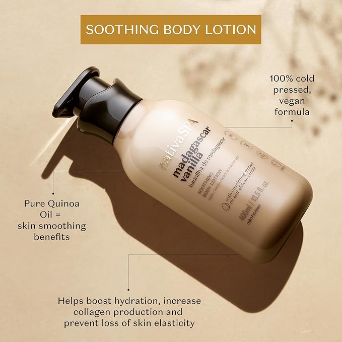 Nativa SPA by O Boticário, Madagascar Vanilla Moisturizing Body Lotion, Fragranced Skin Moisturizer with Purified Quinoa Drops, 13.5 Ounce