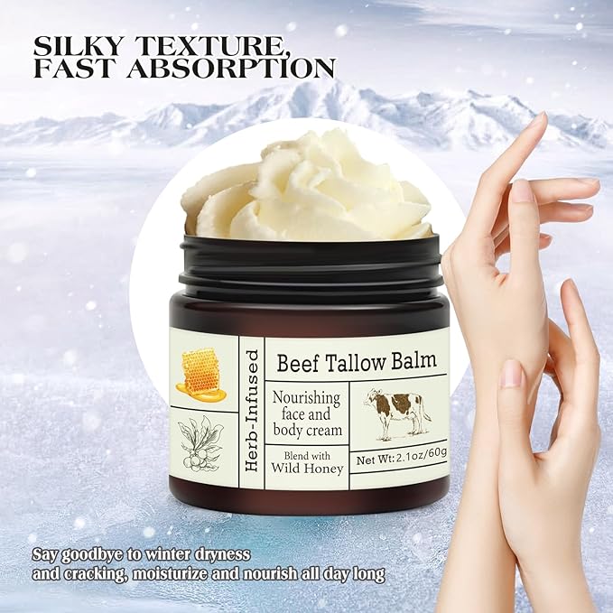 Beef Tallow For Skin – Natural Whipped Tallow and Honey Balm Face Moisturizer, Organic Grass-Fed Tallow, Deeply Nourishing Skin Balm for Face & Body, Moisturizing Cream for Dry Skin