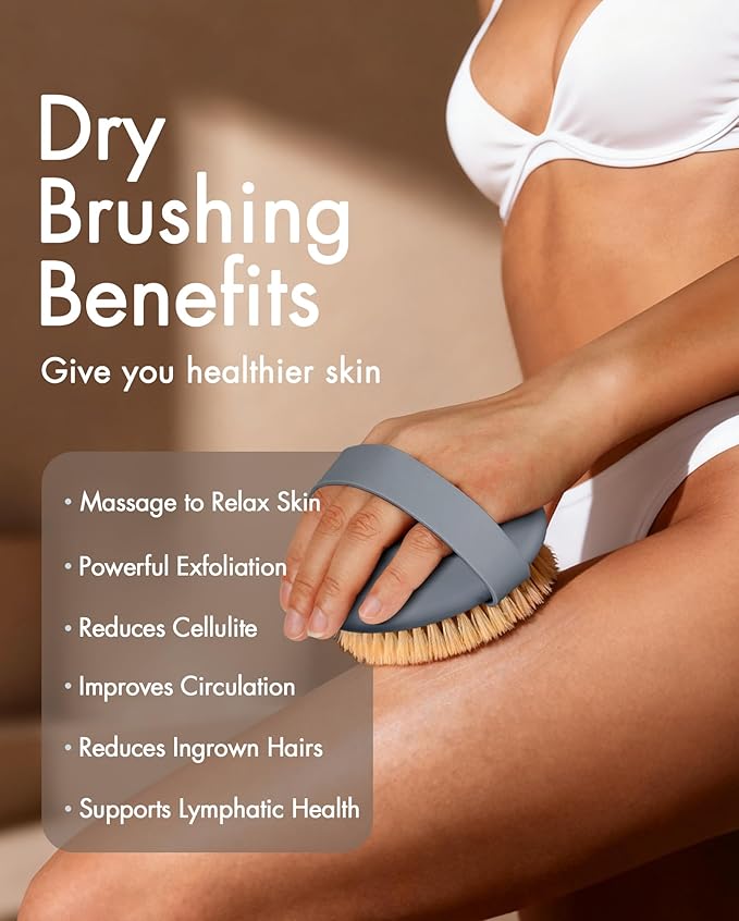 Dry Brushing Body Brush for Massage - Natural Boar Bristle Exfoliating Brush with Massage Nodes for Lymphatic Drainage, Cellulite, Blood Circulation Improving Skin Health for Women Men Elderly(Grey)