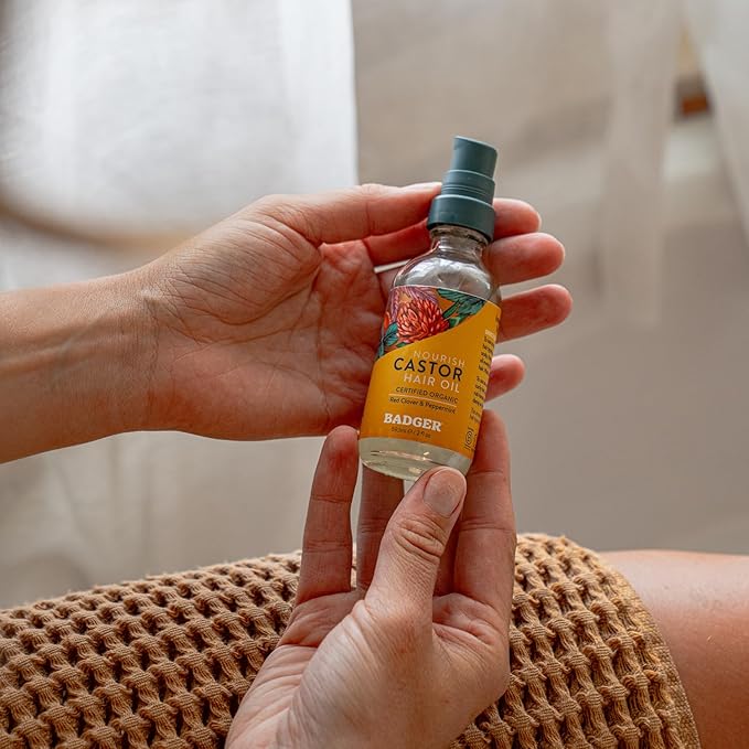 Badger Organic Castor Hair Oil for Thicker Fuller Looking Hair, 100% Organic Castor Oil for Hair Growth & Restoration, Red Clover & Peppermint, Deep Hydrating Hair Oil, 2 fl oz Glass Bottle