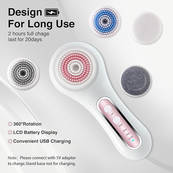 Face Scrubber Exfoliator, Rechargeable Facial Cleansing Brush with 2-Way Rotation & 3 Modes, 30-Day Runtime, 5 Brush Heads for SPA-Level Care, IPX7 Waterproof, Deep Cleaning for All Skin Types