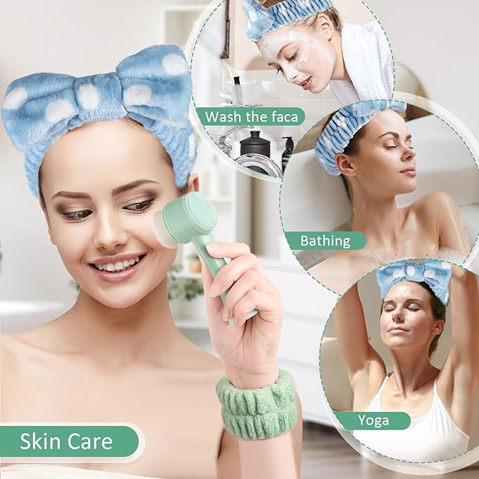 Facial Cleansing Brush 2 in 1, Silicone Face Scrubber Dual Face Brush for Deep Pore Cleansing and Exfoliating, Skincare Headband and Wristbands Set for Washing Face, Massaging Spa Makeup, Cyan