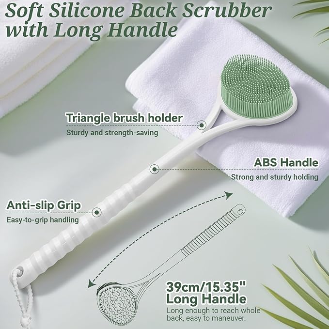 Silicone Back Body Face Scrubbers Set 4PCS, 15.35’’ Back Scrubber Soft Body Scrubber for Dual-Side Usage, Easy-to-Hold Soft Bath Glove & Face Scrubber for Good Foaming Deep Cleaning(Green)