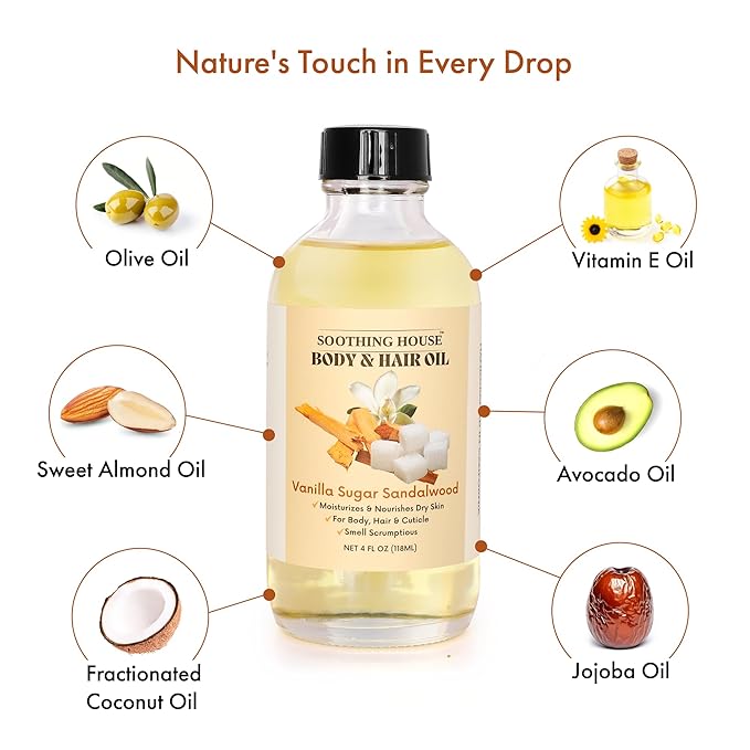 Vanilla Sugar Sandalwood Body & Hair Oil – Inspired Warm Gourmand Scent – Hydrating & Nourishing Oil for Skin, Hair & Cuticles – Lightweight, Fast-Absorbing, 4 fl oz