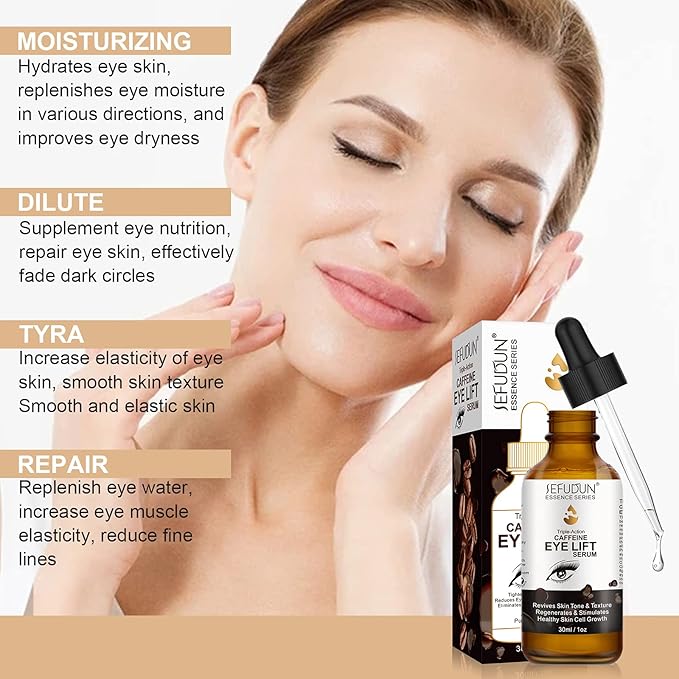 Caffeine Eye Serum, Eye Serum Anti Aging Wrinkles Effectively Fades Dark Circles, Eye Bags, Helping to Minimize Wrinkles and Fine Lines, Eliminate Puffiness, with EGCG, Vitamin C Under Eye Serum 30ml