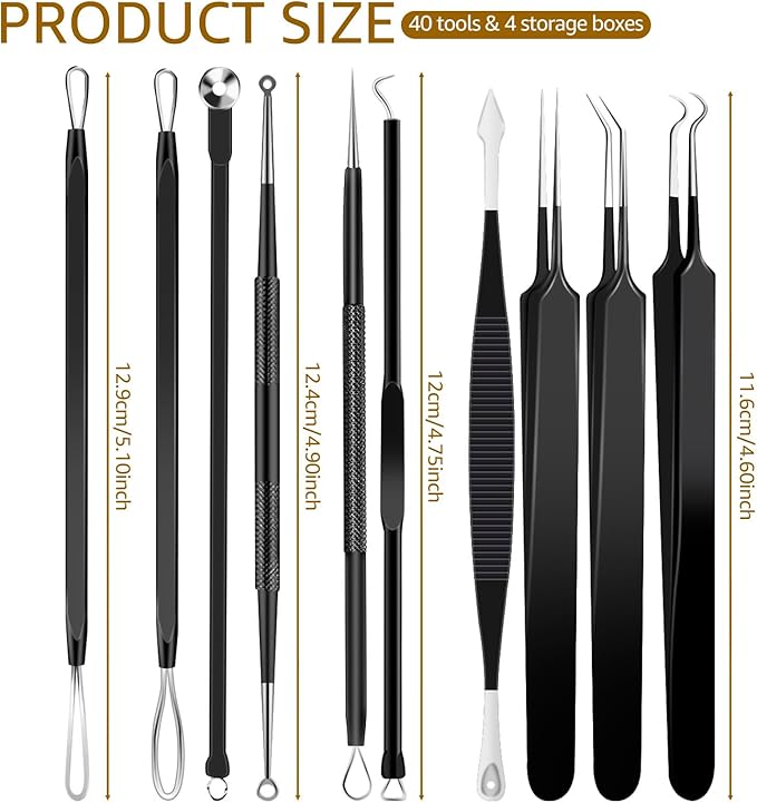 40pcs Pimple Popper Tool Kit Stainless Steel Blackhead Remover Tool Comedones Extractor for Forehead Facial Nose Lightweight Acne Needle Tool with Metal Case for Travel Home Use
