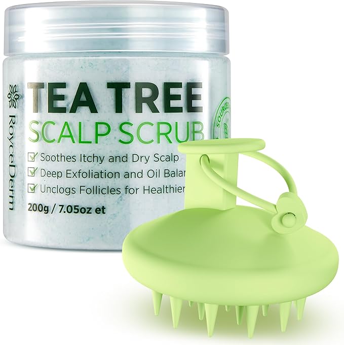 Roycederm Tea Tree Scalp Scrub with Scalp Massager Brush - Deep Cleansing & Exfoliating Pre-Shampoo Treatment for Dry, Flaky Scalp – Gently Refreshes, Hydrates & Balances Scalp