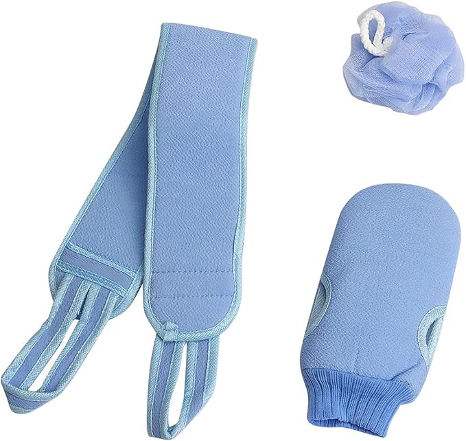 3 Pcs Exfoliating Back Scrubber for Shower, Exfoliating Gloves and Loofah Sponge Set, Body Scrubber Body Brush Set for Men and Women, Deep Clean and Massage Your Body (1 Set, Blue)