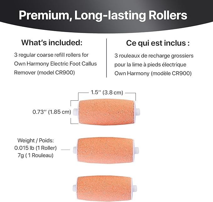 Refill Rollers by Own Harmony Best Fit for Electric Callus Remover CR900 - Foot Care for Healthy Feet - Pedicure File Tools - Refills 3 Pack Regular Coarse Replacement Roller (Peach)