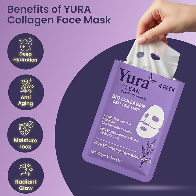 Yura Clean Collagen Face Mask – Korean Overnight Bio-Collagen Sheet Mask for Glowing, Hydrated & Firm Skin – Anti-Aging, Moisturizing & Skin Rejuvenation – 4 Pack – Ideal Holiday Gift for Women