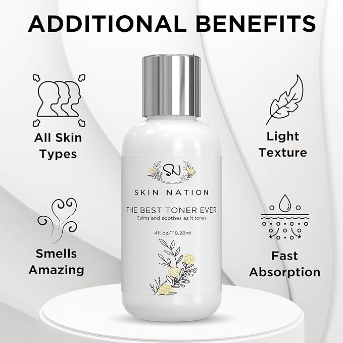 Skin Nation Hydrating Gentle Rosewater Toner with Aloe Vera and Chamomile, Alcohol-Free and Paraben-Free, for Dry, Sensitive, Oily and Combination Skin, 4 fl oz