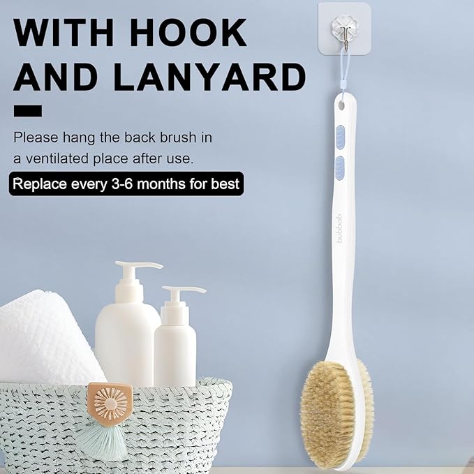 Back Scrubber for Shower with Long Handle, Exfoliating Bath Brush for Body - Double Sided Bristles (Stiff & Soft), Anti-Slip Grip, Lightweight - Gift for Seniors, Includes Lanyard & Hook, Blue