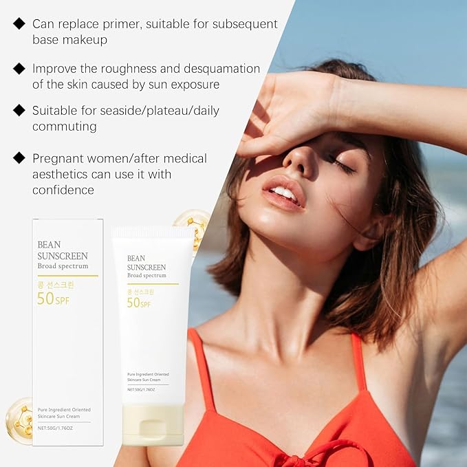 Bean Sunscreen, Sunscreen Lotion, Sun Screen Protector, SPF 50+ Under Makeup Cream for Face and Body, Airy Texture Type, Water Proof Sweat Resistant