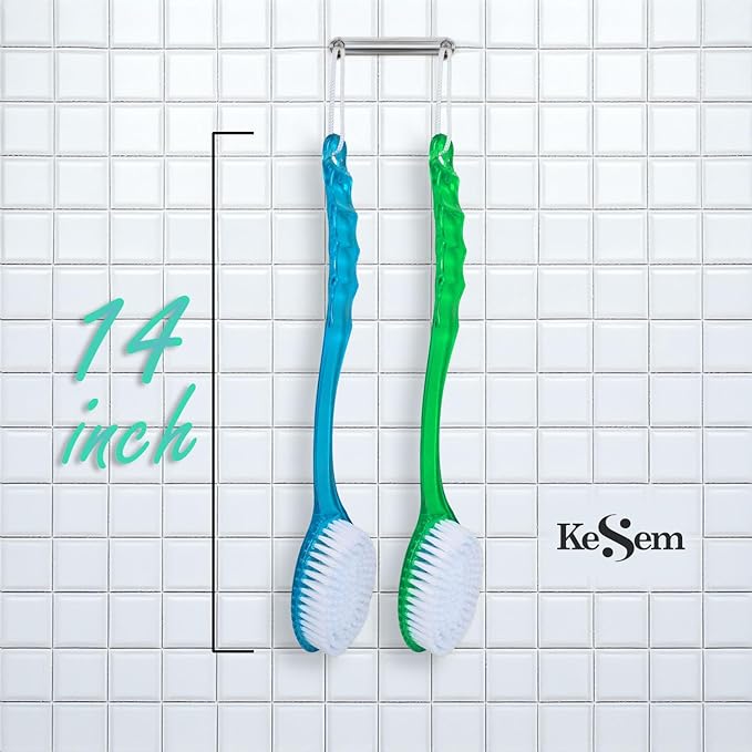 2 Pack Back Scrubber Shower Brush with 14 inch Long Handle, Soft Bristles Full Body Skin Exfoliator for Bath Wet or Dry Brush for Men & Women (14")