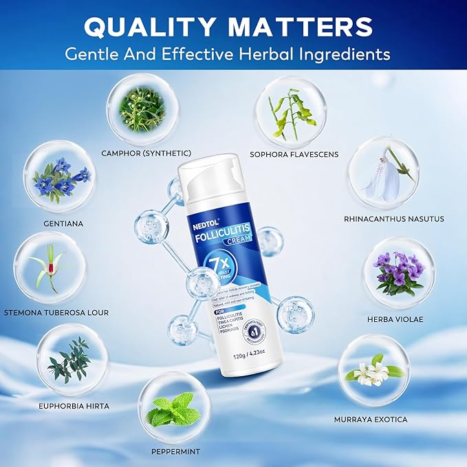Folliculitis Treatment Cream, 7X Fast-Acting Antibacterial Ointment for Scalp, Face & Body, Relieves Itching, Redness & Bumps, Intensive Skin Therapy – 120g
