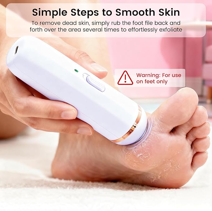 Wireless Electric Foot File - Callus Remover Tool for Feet, Rechargeable Pedicure Tool with 3 Replaceable Grinding Heads, Professional Adjustable Speed Foot Files for Dead Skin, Cracked Heels (White)