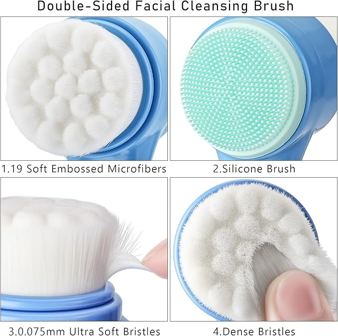 Face Brush 2 in 1, Facial Cleansing Exfoliating Scrubber Brush, Silicone Double Side Manual Face Wash Scrub Brush with Soft Fiber for Deep Pore Cleansing, Massaging, Skin Care,Blue