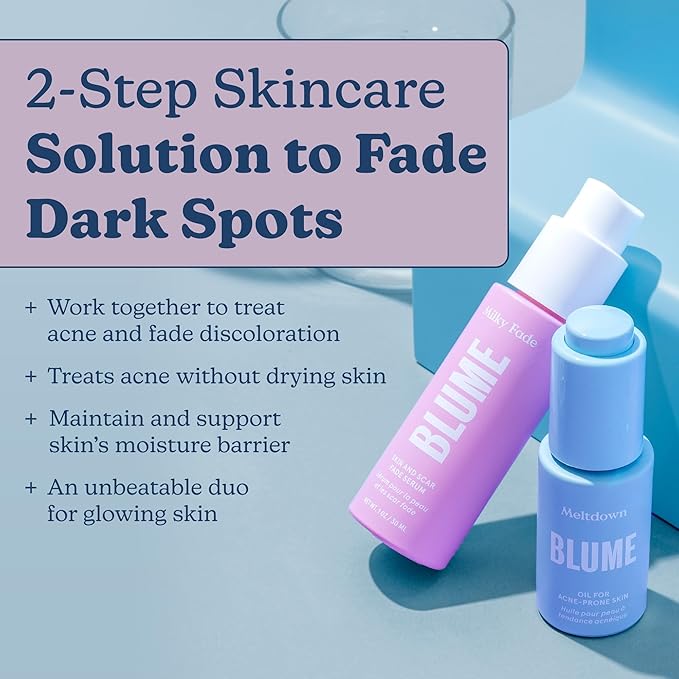 Blume Treat & Fade Acne Skin Care Set - 2-Step Acne Scar Treatment & Dark Spots Face Care - Meltdown Face Oil & Milky Fade Vitamin C Serum - Helps Brighten Complexion & Repair Barrier (2 Count)