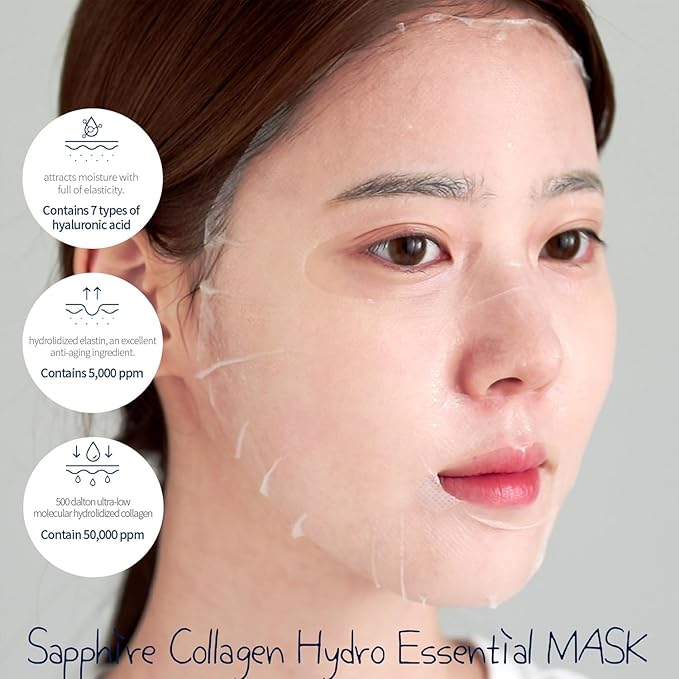 WELLDERMA Sapphire Collagen Hydro Essential Mask, 10 Sheets – Moisturizing & Soothing Sheet Mask with Collagen & Ceramide, 1.01 fl.oz (30mL) x 10ea