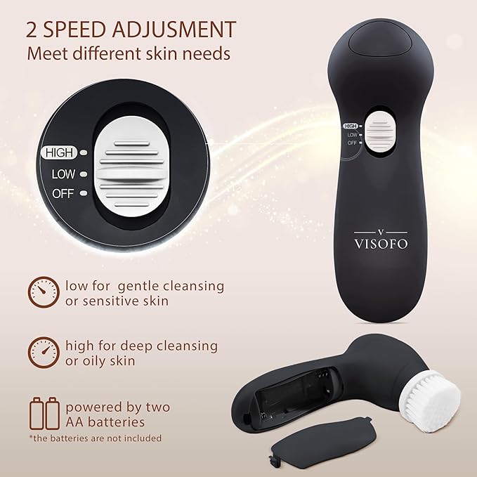 Facial Cleansing Brush Face Scrubber Exfoliating Cleaning Skin Care Cleanser Wash Women Girls Electric Beauty Powered Exfoliator Skincare Spin Tools Scrub Washer Self Care by VISOFO (Onyx)