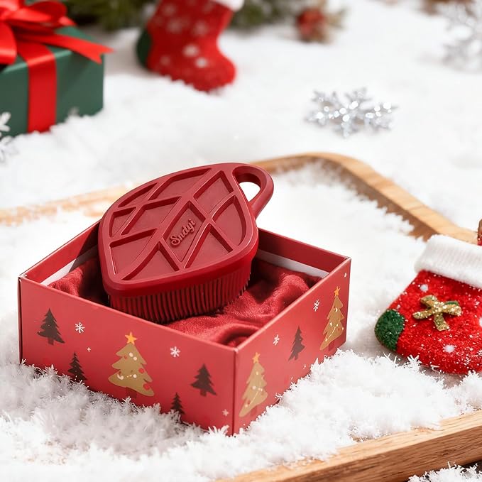 Sndyi Christmas Silicone Body Scrubber, Limited Edition Leaf-Shaped Shower Brush for Gentle Cleanse & Exfoliation, Soft Silicone Loofah Body Brush for Sensitive Skin, Perfect Holiday Gift, Festive Red